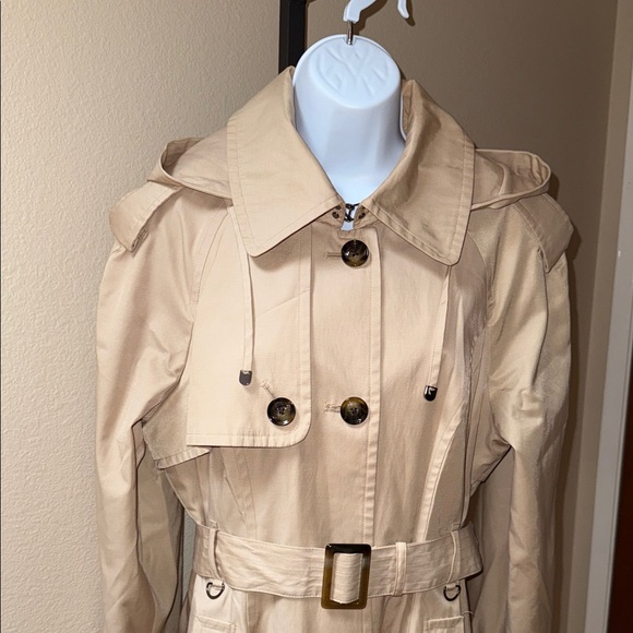 London Fog Khaki Double Breasted Belted Removable Hood Trench Coat Women’s Sz M - Picture 2 of 10